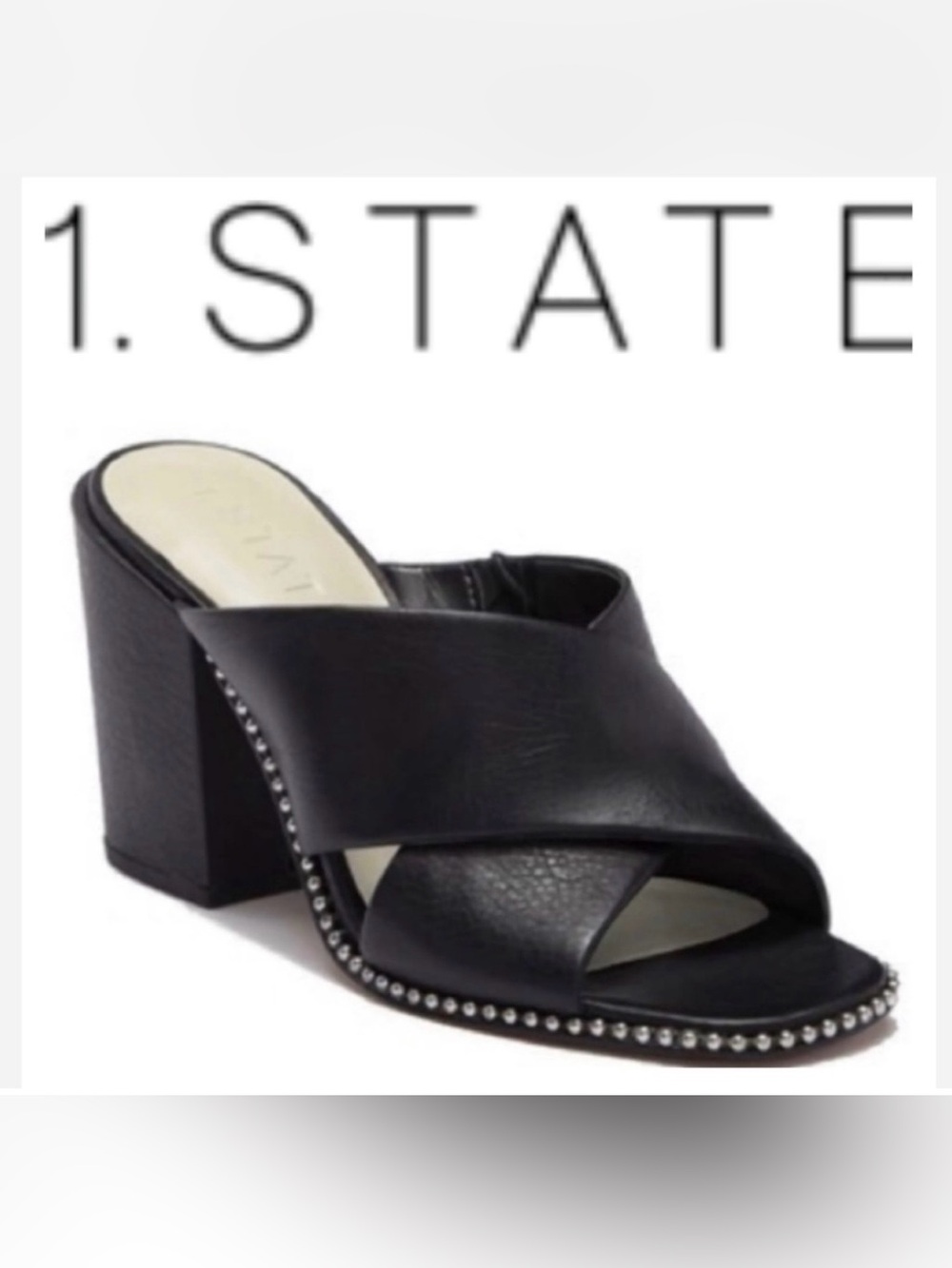 1. State Black Leather Mules with Studded Detail
